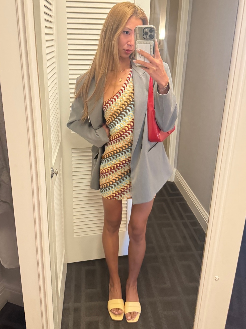 One-Shoulder Multicolor Knit Crochet Mini Dress - XS